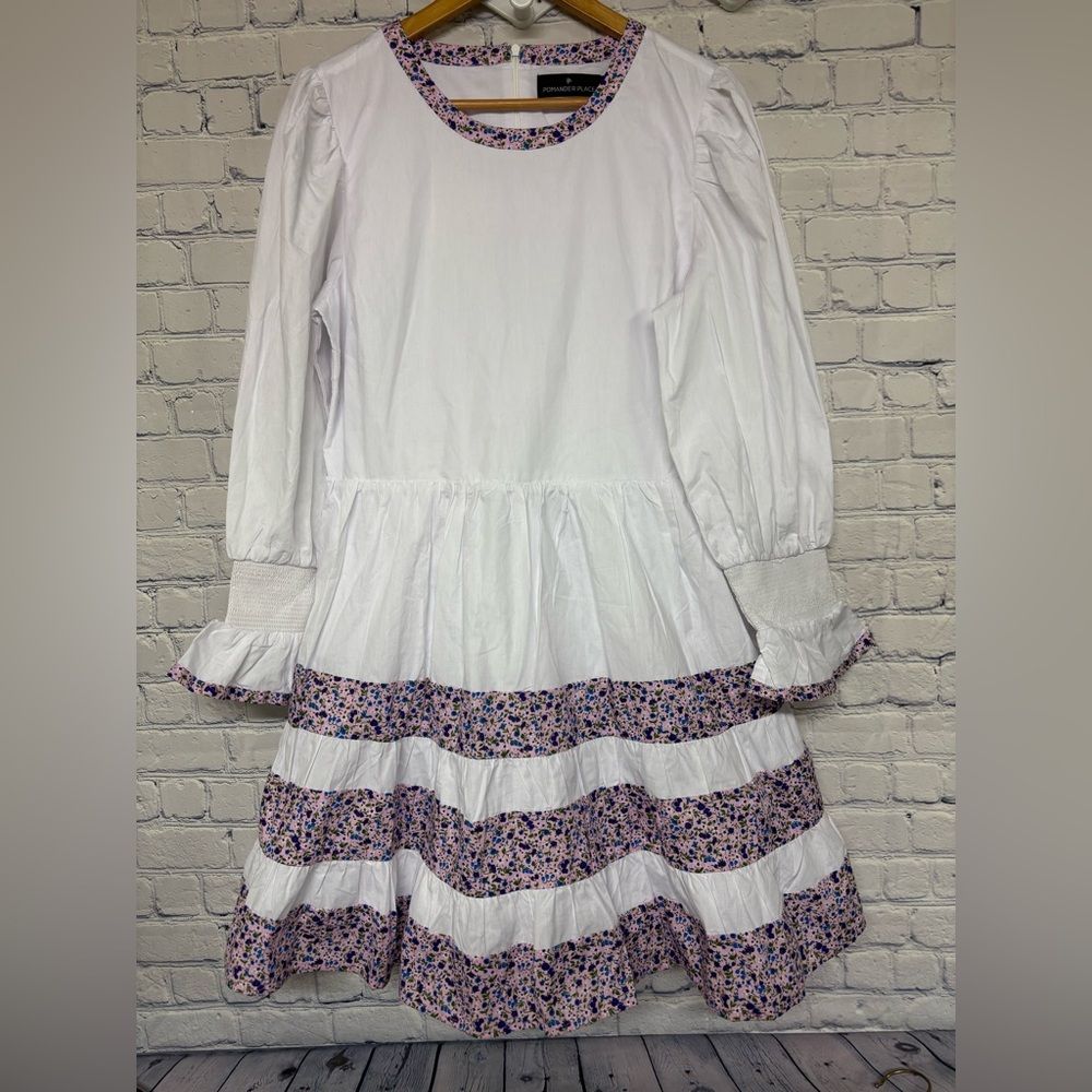 Tuckernuck X Pomander Place Fran Boho Mini White Purple Floral Trim Dress L
